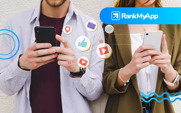 Illustrative art shows people with cell phones, referring to social networking apps