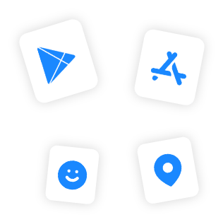 Ícones da Google Play Store e Apple App Store. Expertise do RankMyApp em App Store Optimization (ASO) e Mídia Programática
