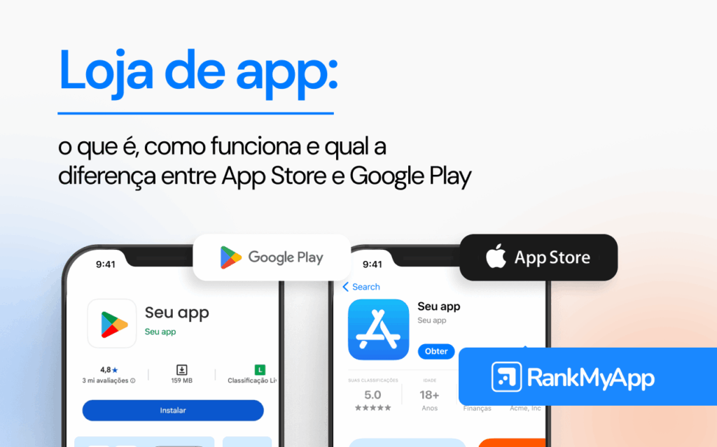 Arte ilustrativa remetendo a lojas de app.