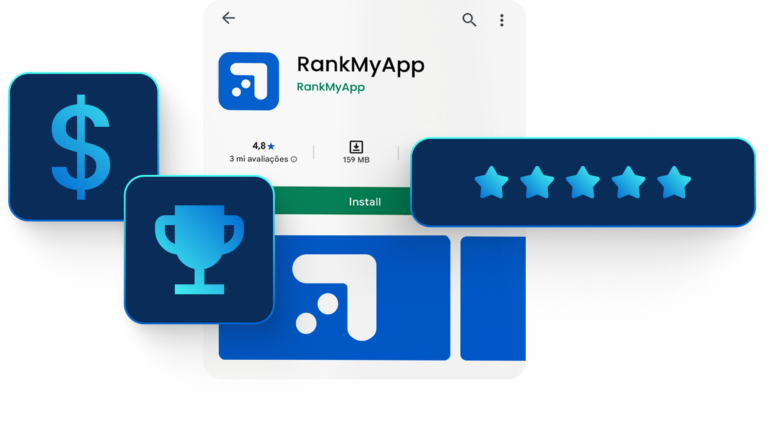 Imagem promocional do aplicativo RankMyApp mostrando avaliações altas, troféu e símbolo de dinheiro, destacando a classificação de 4,8 estrelas, ideal para quem busca melhorar sua posição em rankings de aplicativos.