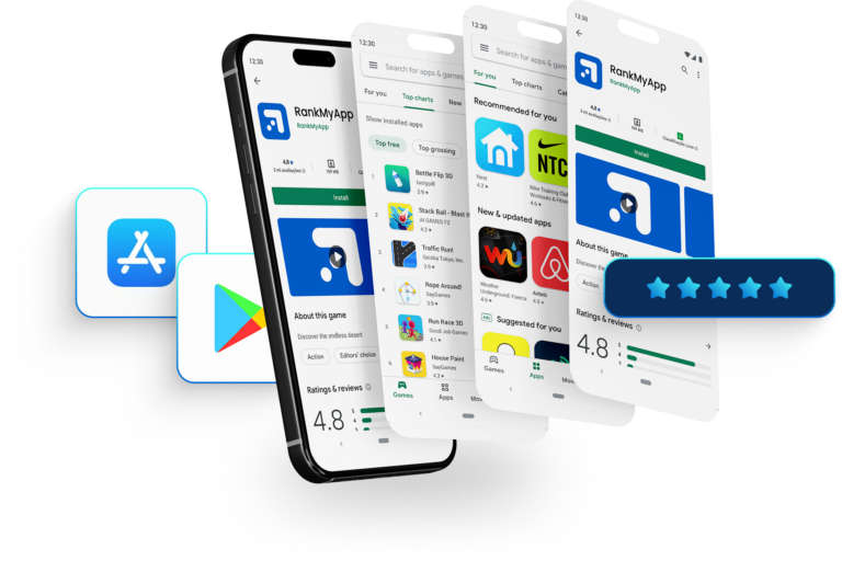 Imagem de um celular exibindo a interface do aplicativo RankMyApp na Google Play Store, com avaliações altas e recomendações de jogos e apps.