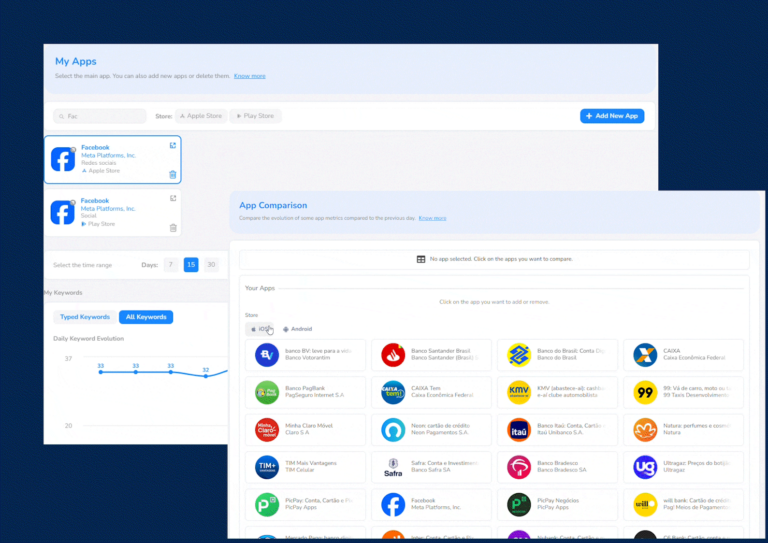 Imagem do dashboard RankMyApp, mostrando comparação de desempenho de apps e avaliações de keywords.