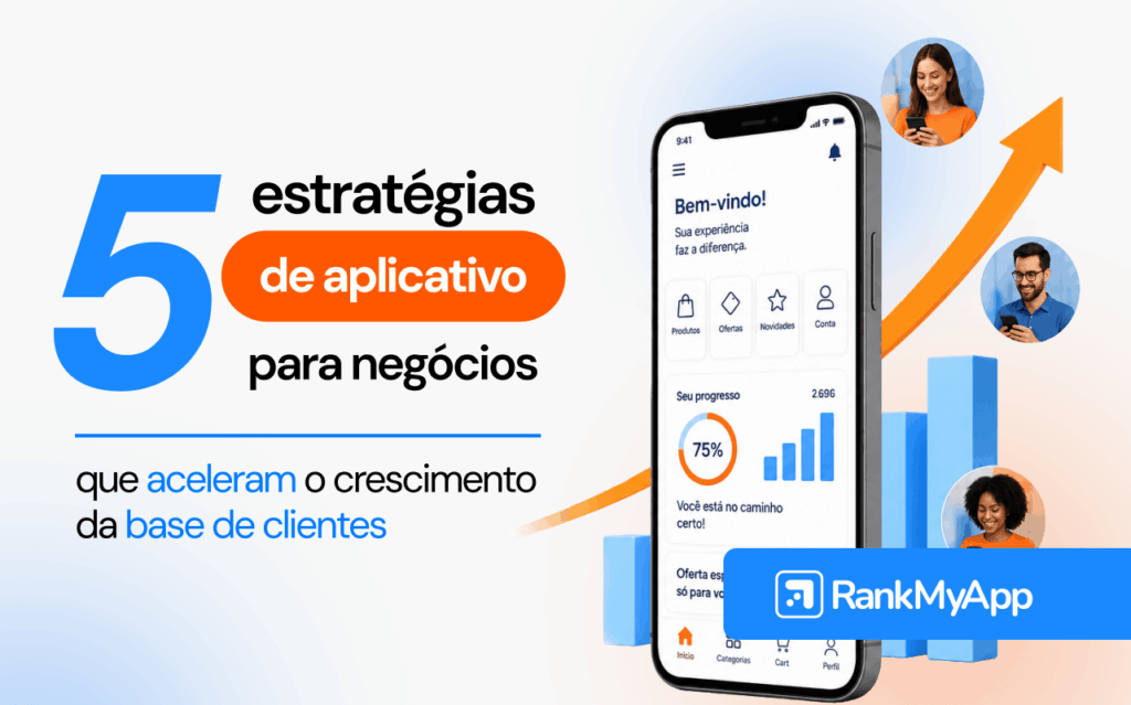 Tela de aplicativo com indicadores de desempenho e crescimento da base de clientes para negócios.