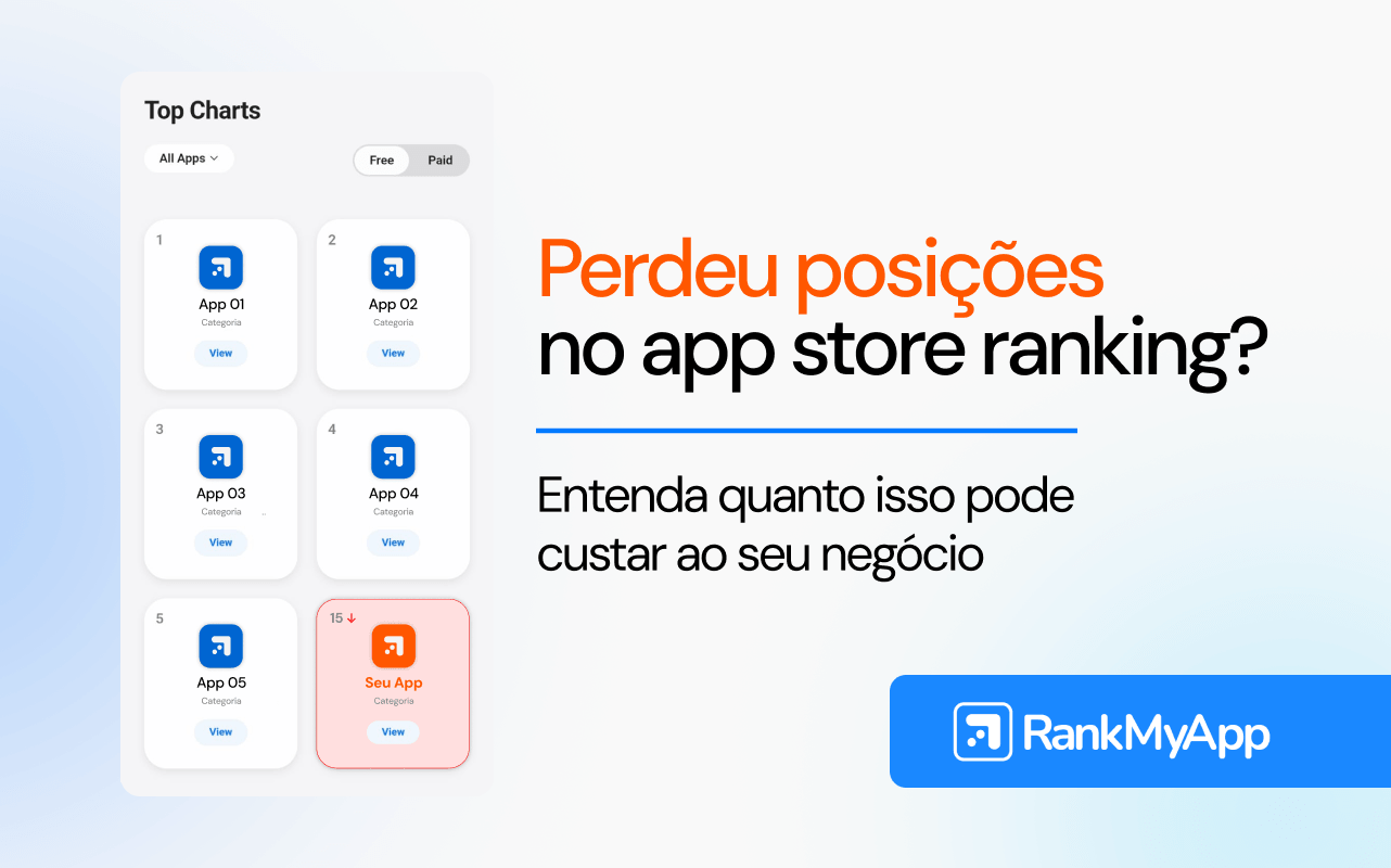 Imagem ilustrativa mostrando queda no app store ranking e impacto em downloads orgânicos.