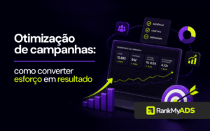 Imagem sobre otimização de campanhas, com gráficos de desempenho, métricas de conversão, audiência, criativo e mensagem, destacando como converter esforço em resultado.