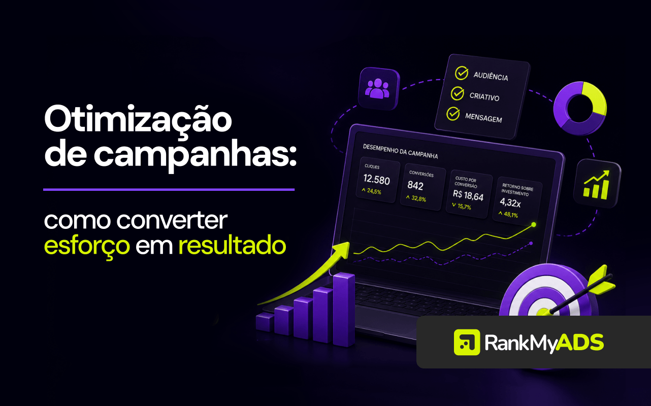 Imagem sobre otimização de campanhas, com gráficos de desempenho, métricas de conversão, audiência, criativo e mensagem, destacando como converter esforço em resultado.