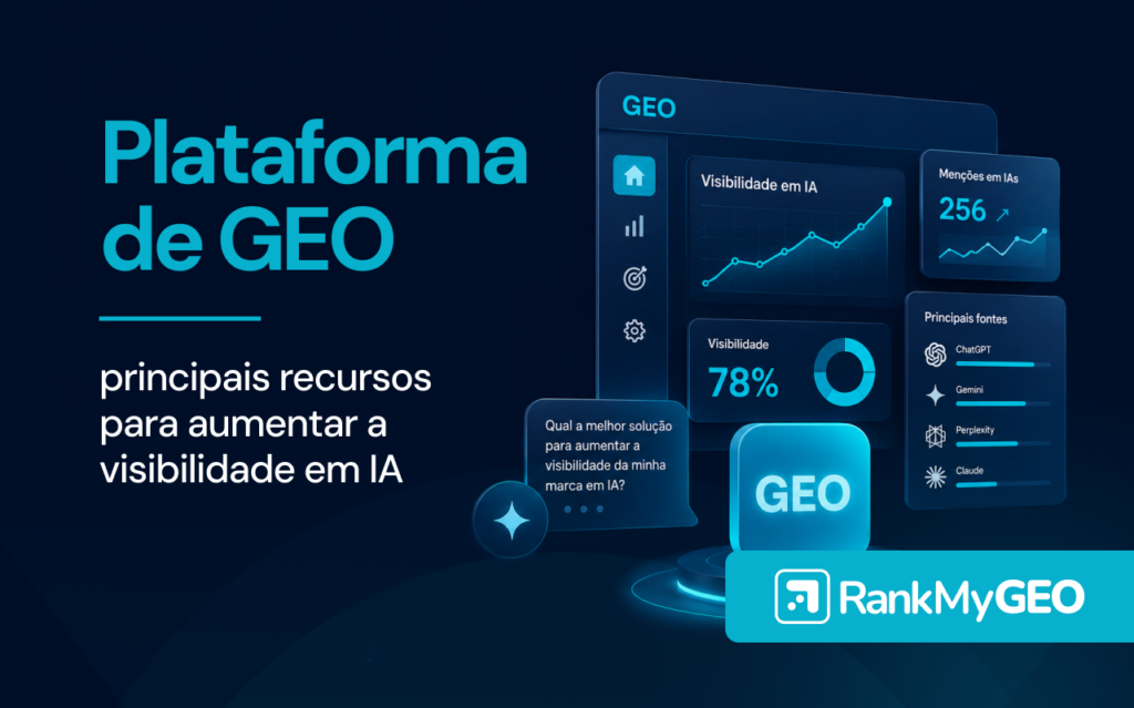 Imagem com o título "Plataforma de GEO: principais recursos para aumentar a visibilidade em IA"