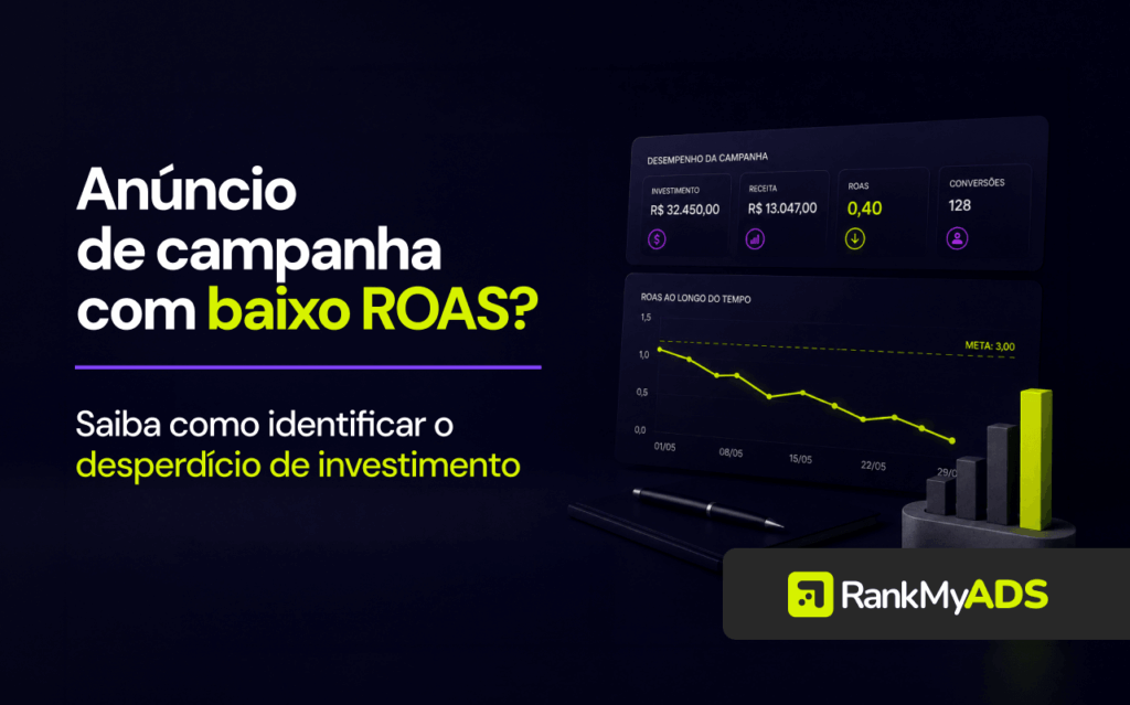 Imagem com o título "Anúncio de campanha com baixo ROAS? Saiba como identificar o desperdício de investimento".