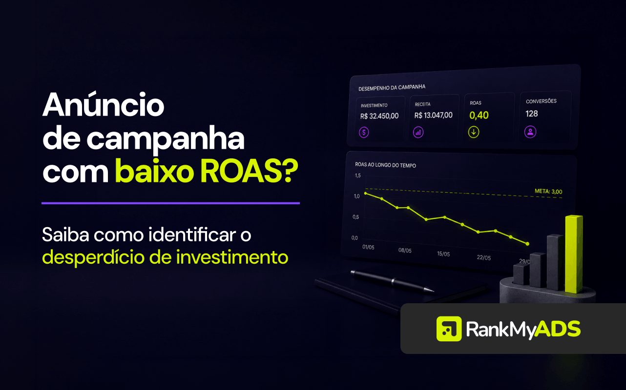 Imagem com o título "Anúncio de campanha com baixo ROAS? Saiba como identificar o desperdício de investimento".