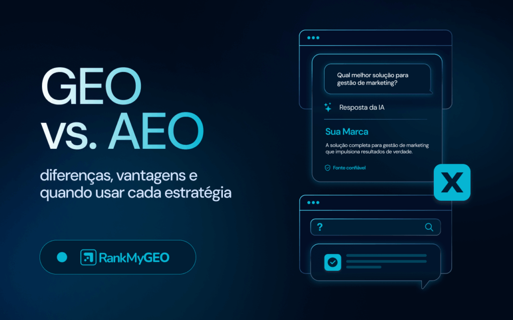 Imagem com o título "GEO vs AEO: diferenças, vantagens e quando usar cada estratégia"