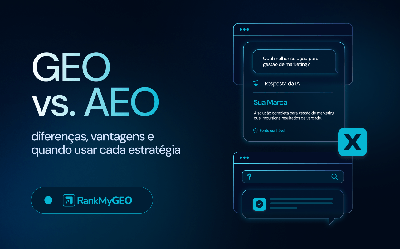 Imagem com o título "GEO vs AEO: diferenças, vantagens e quando usar cada estratégia"