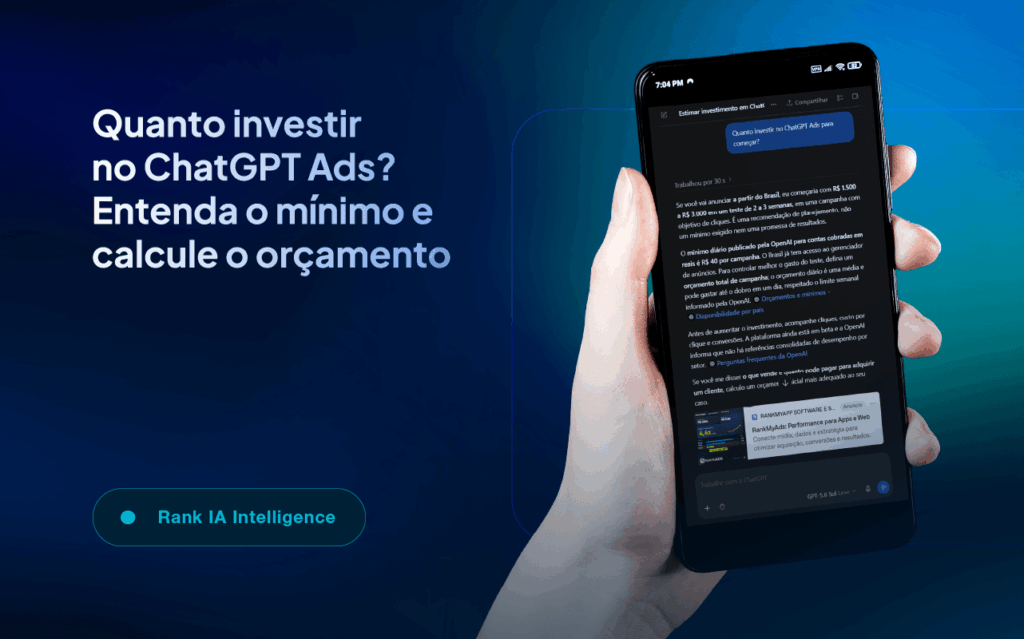 Imagem com o título "Quanto investir no ChatGPT Ads? Entenda o mínimo e calcule o orçamento"